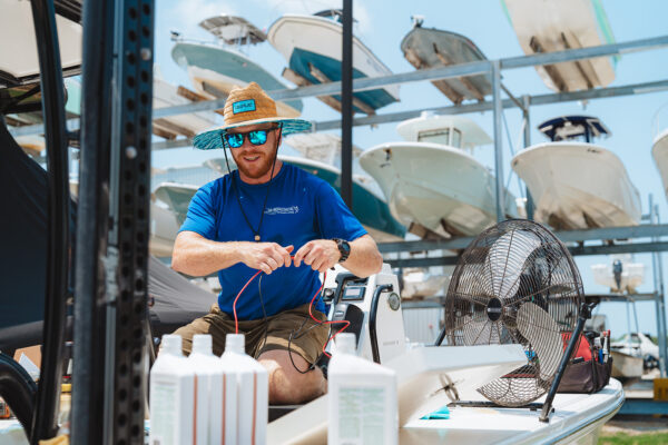 maintenance crew working on boat